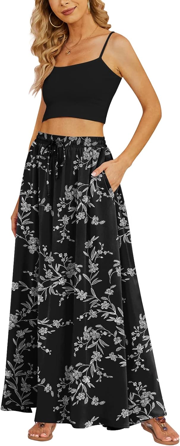 Women's Flowy Maxi Skirt Summer Beach Pleated High Waisted Casual Long Skirts with Pockets