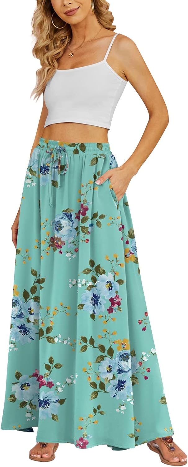 Women's Flowy Maxi Skirt Summer Beach Pleated High Waisted Casual Long Skirts with Pockets