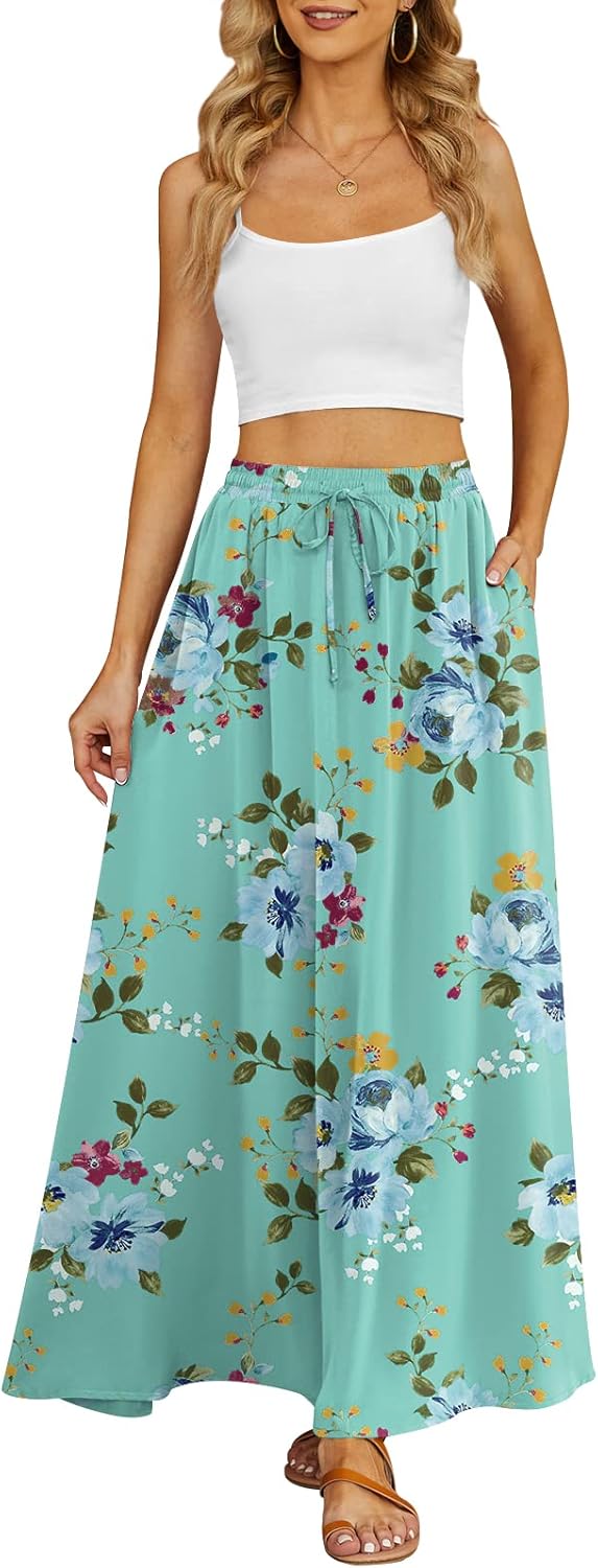 Women's Flowy Maxi Skirt Summer Beach Pleated High Waisted Casual Long Skirts with Pockets