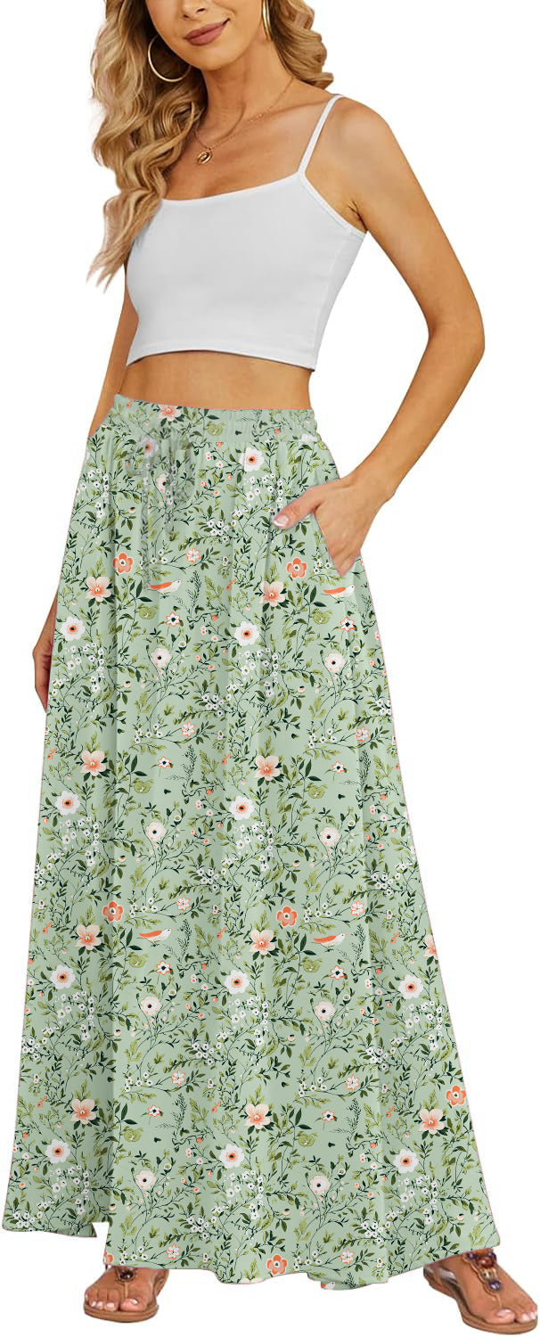 Women's Flowy Maxi Skirt Summer Beach Pleated High Waisted Casual Long Skirts with Pockets