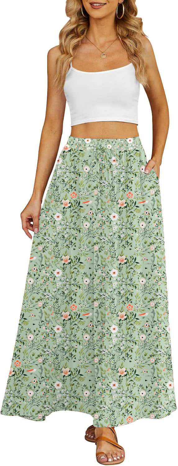 Women's Flowy Maxi Skirt Summer Beach Pleated High Waisted Casual Long Skirts with Pockets