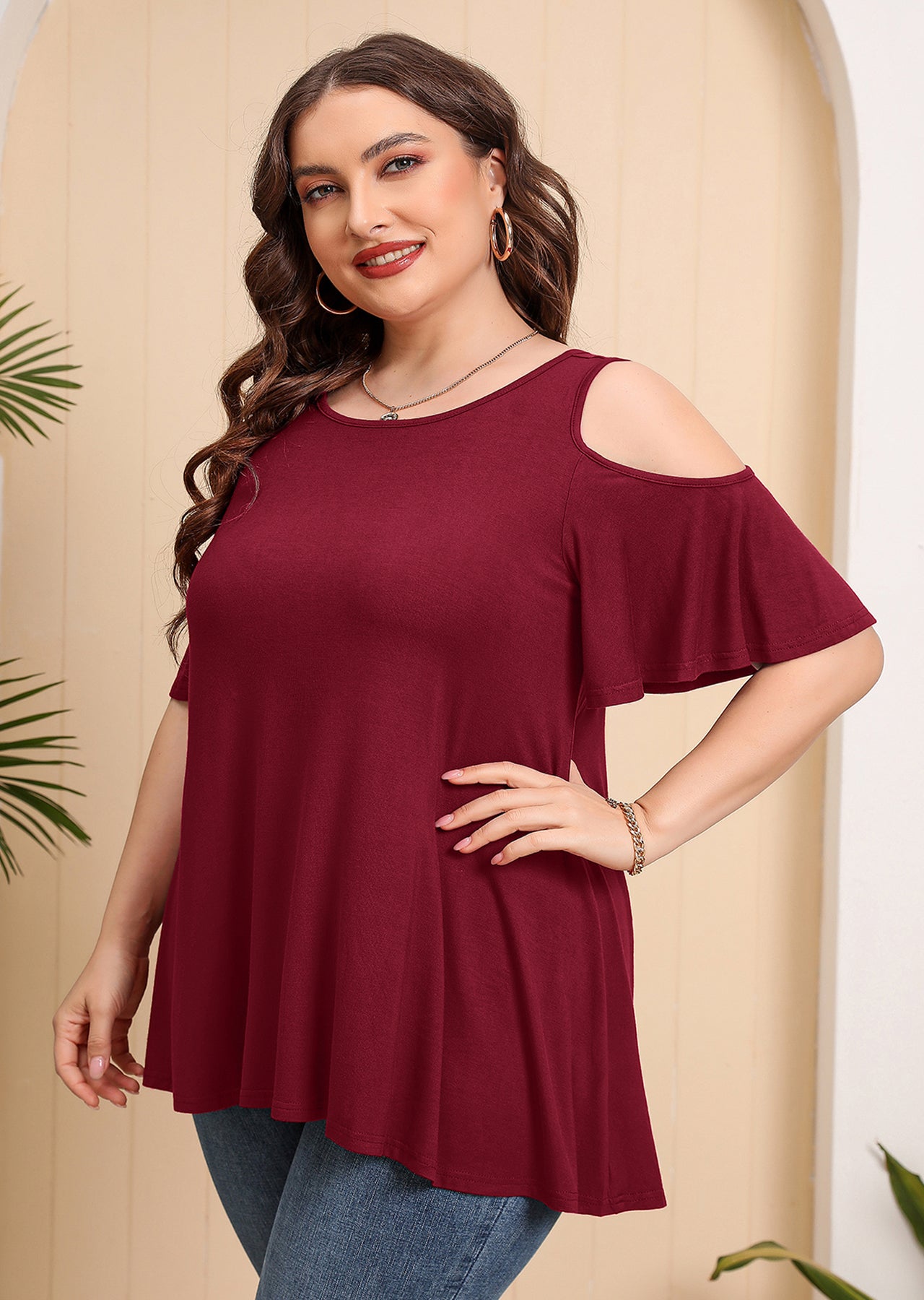 JuneFish Women's Plus Size Cold Shoulder Short Sleeve Tunic Top Loose Casual Blouse