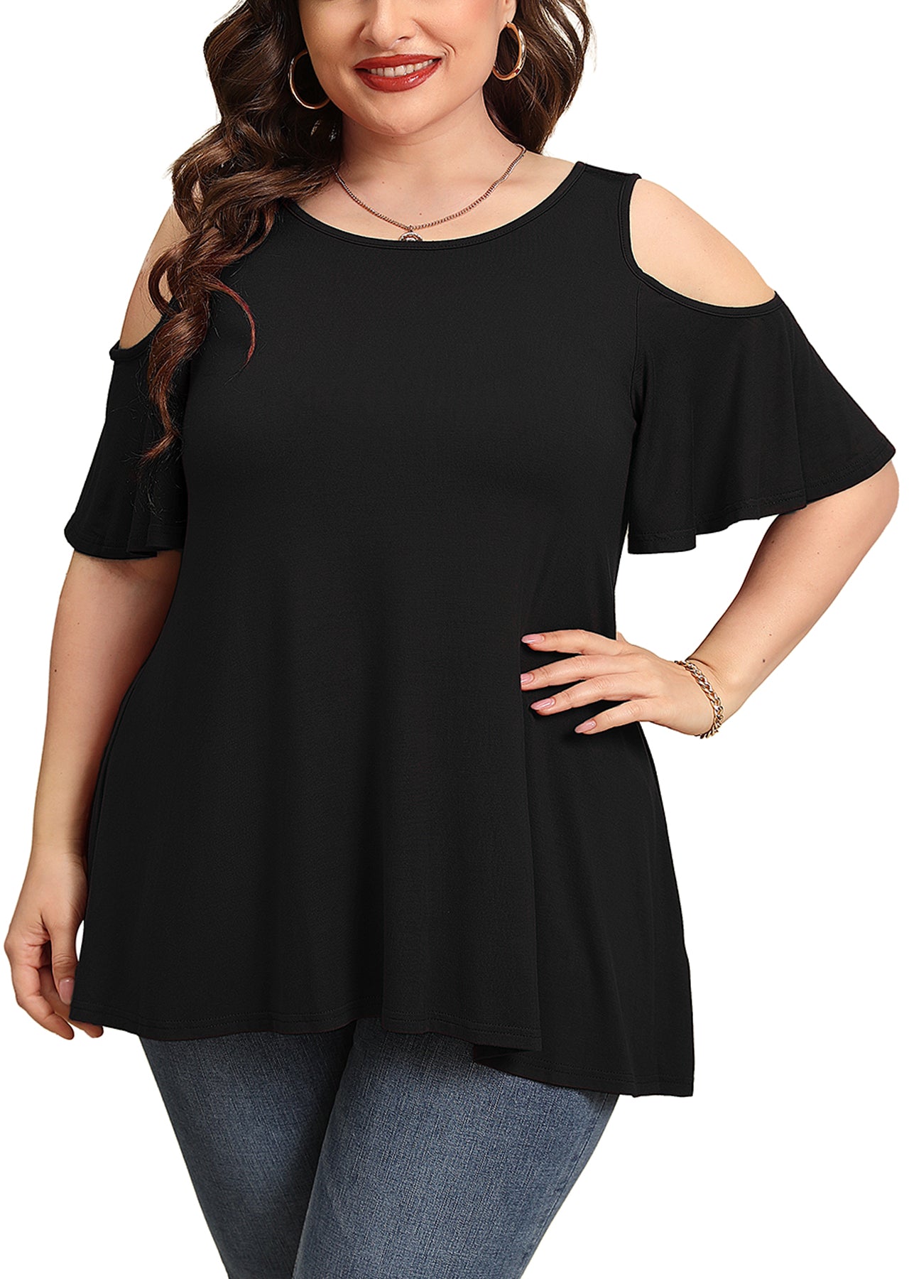 JuneFish Women's Plus Size Cold Shoulder Short Sleeve Tunic Top Loose Casual Blouse