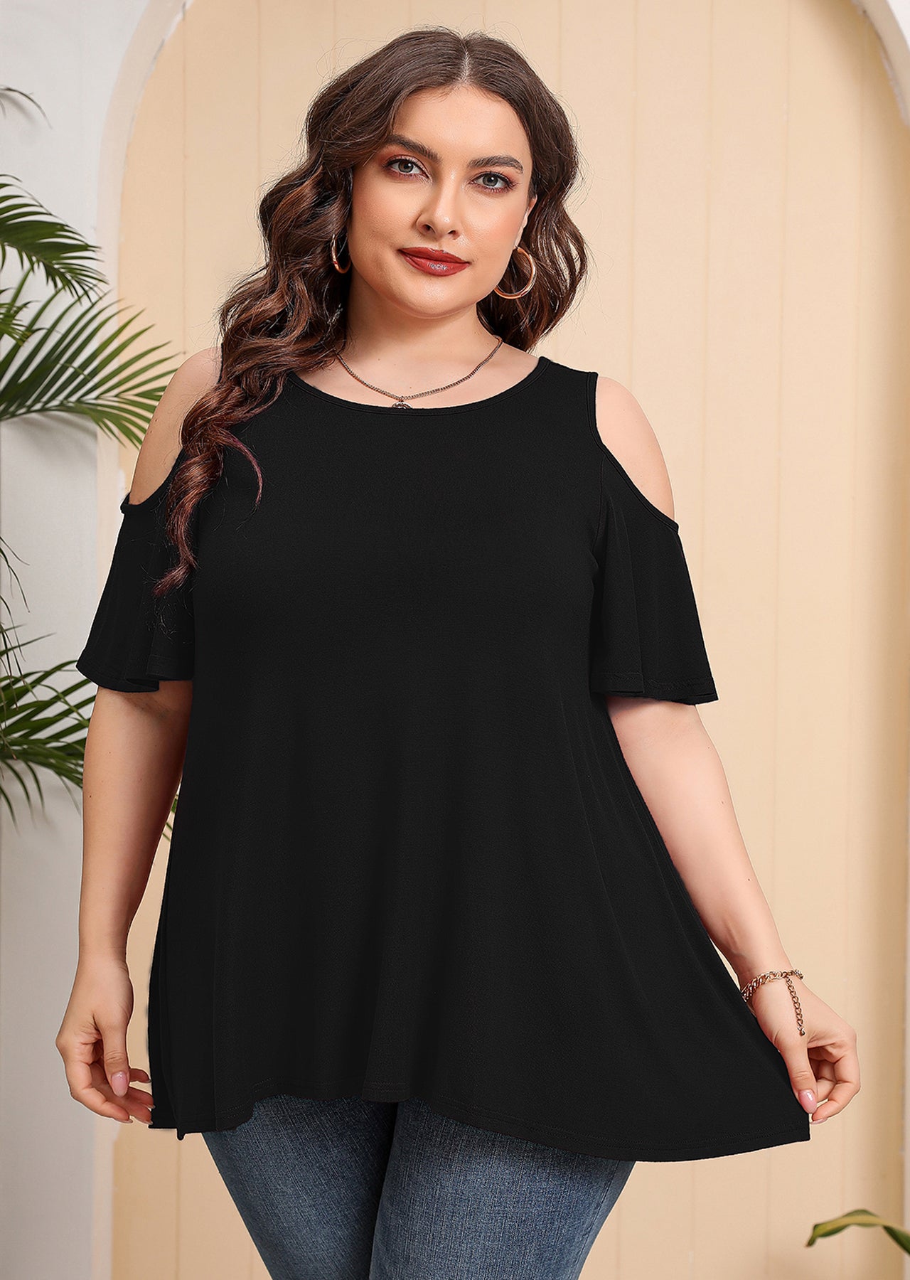 JuneFish Women's Plus Size Cold Shoulder Short Sleeve Tunic Top Loose Casual Blouse