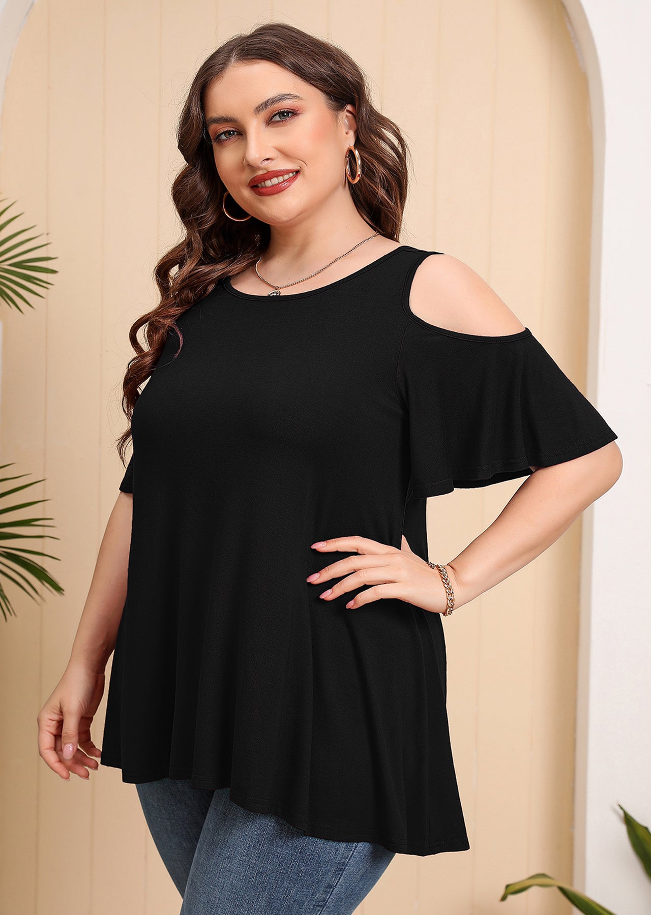 JuneFish Women's Plus Size Cold Shoulder Short Sleeve Tunic Top Loose Casual Blouse