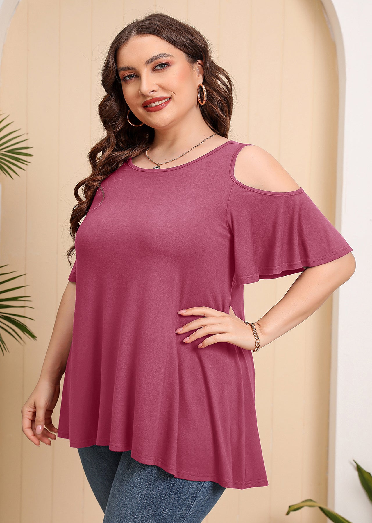 JuneFish Women's Plus Size Cold Shoulder Short Sleeve Tunic Top Loose Casual Blouse