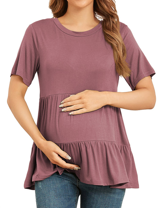 JuneFish Women's Maternity Short Sleeve Tiered Basic Casual Pregnancy Top