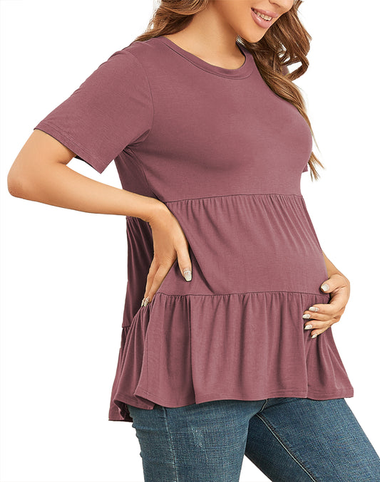 JuneFish Women's Maternity Short Sleeve Tiered Basic Casual Pregnancy Top