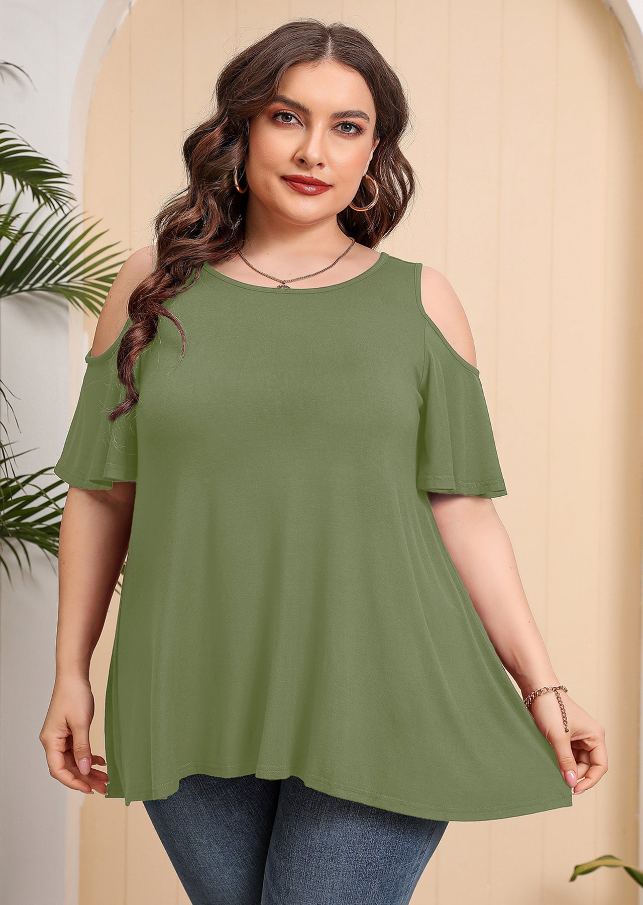 JuneFish Women's Plus Size Cold Shoulder Short Sleeve Tunic Top Loose Casual Blouse