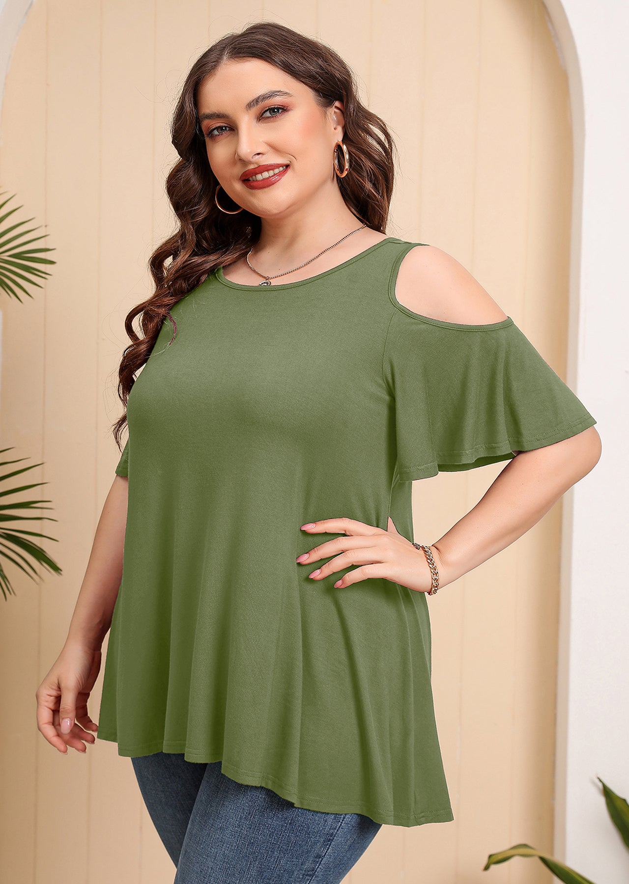 JuneFish Women's Plus Size Cold Shoulder Short Sleeve Tunic Top Loose Casual Blouse