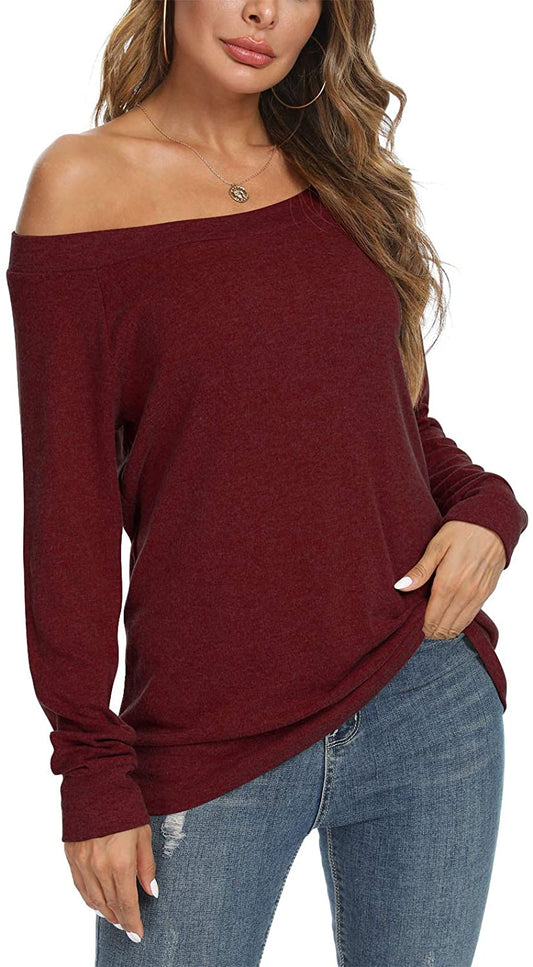 JuneFishWomen's off Shoulder T-Shirts Long Sleeve Blouses Sexy Casual Tops