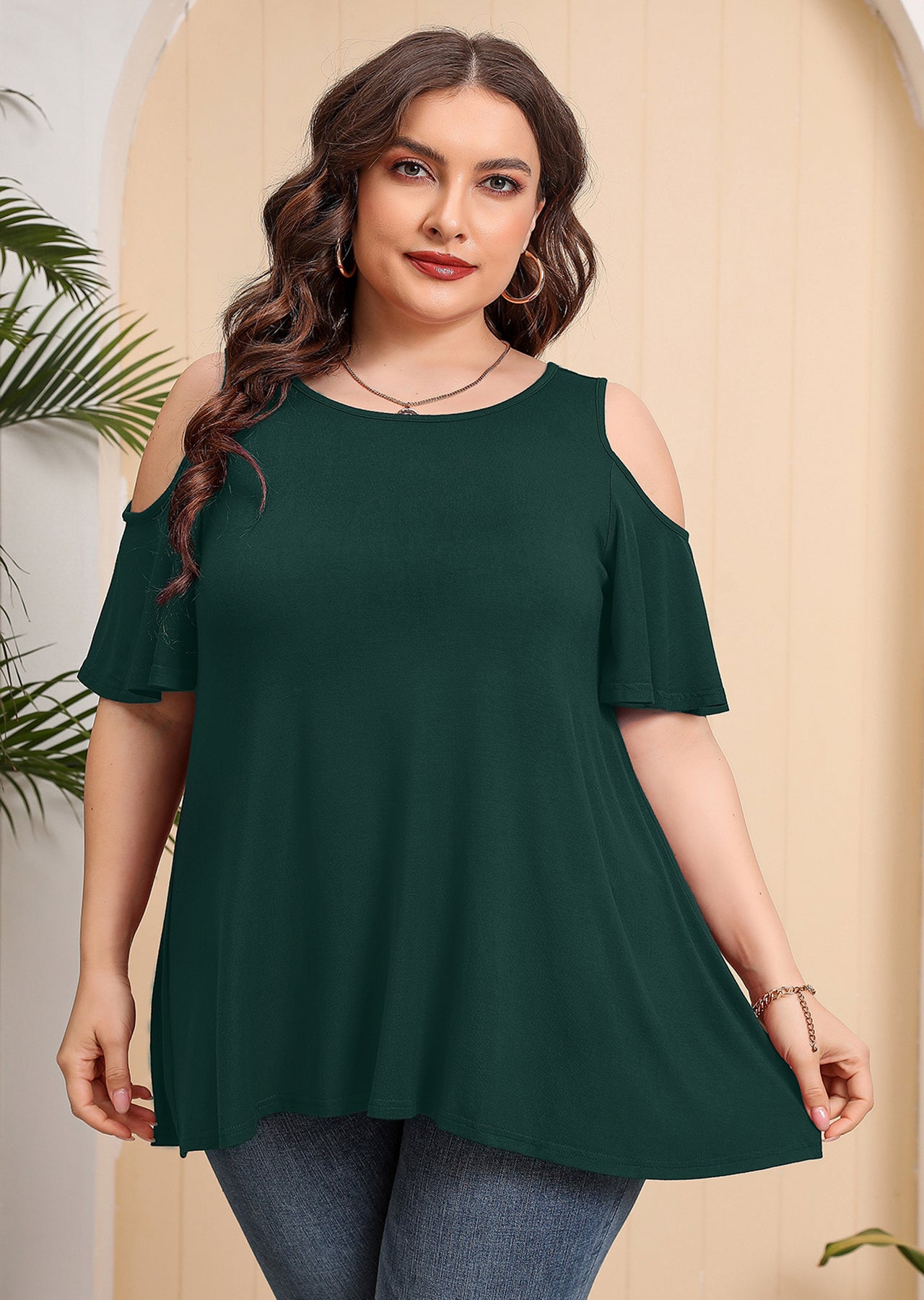 JuneFish Women's Plus Size Cold Shoulder Short Sleeve Tunic Top Loose Casual Blouse