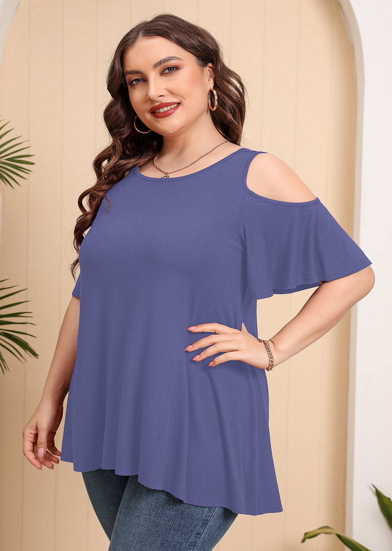 JuneFish Women's Plus Size Cold Shoulder Short Sleeve Tunic Top Loose Casual Blouse