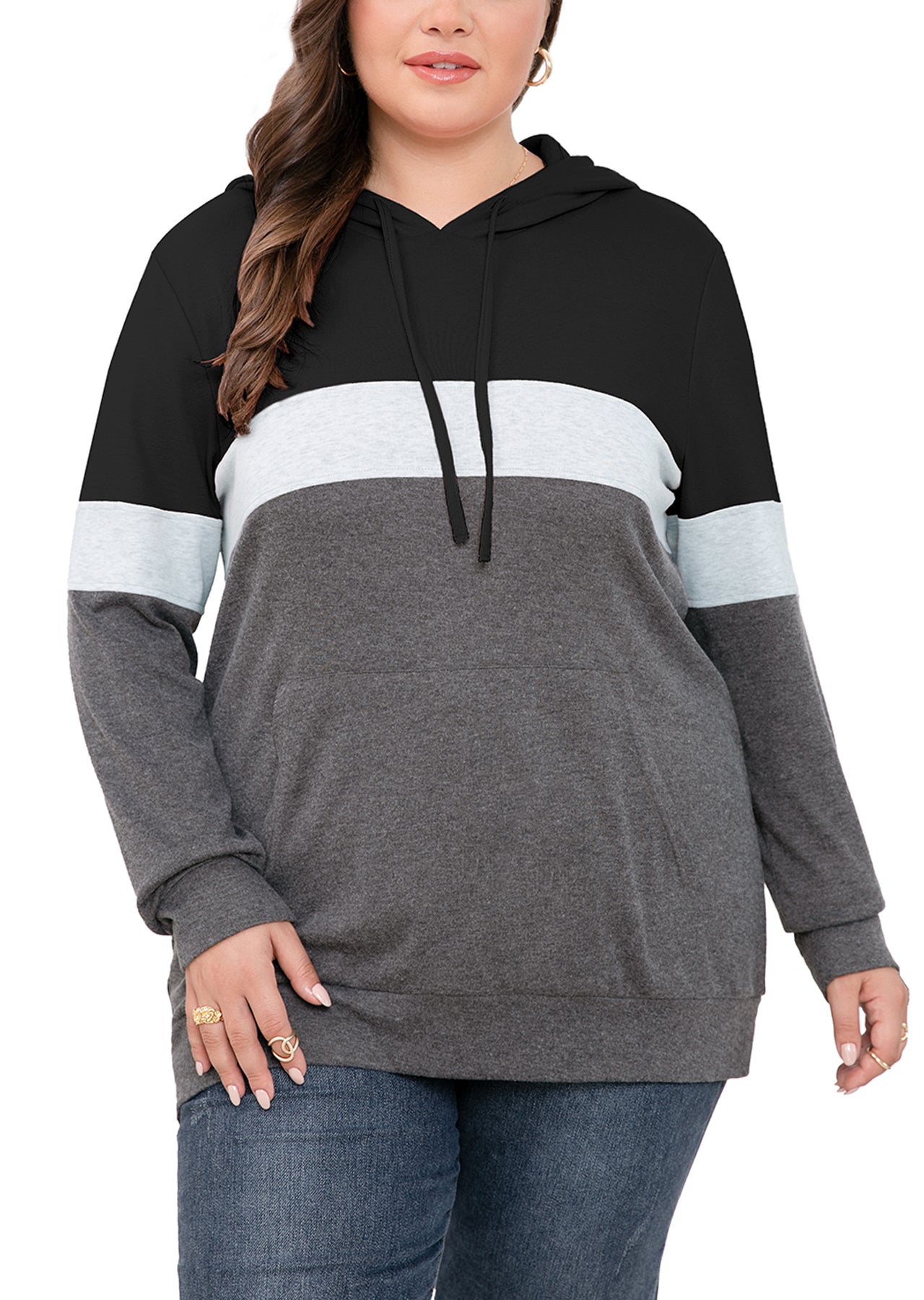 JuneFish Women's Plus Size Long Sleeve Sweatshirts Color Block Hoodies Pullover with Pocket