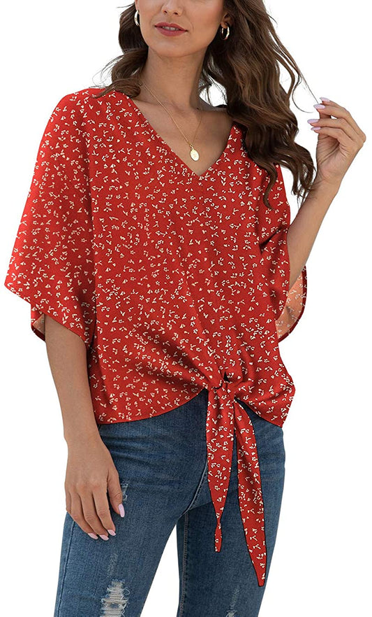 JuneFish Women's Floral Tie Front Chiffon Blouses V Neck Batwing Short Sleeve Summer Tops Shirts