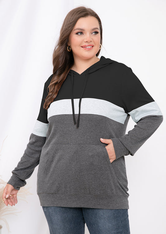 JuneFish Women's Plus Size Long Sleeve Sweatshirts Color Block Hoodies Pullover with Pocket