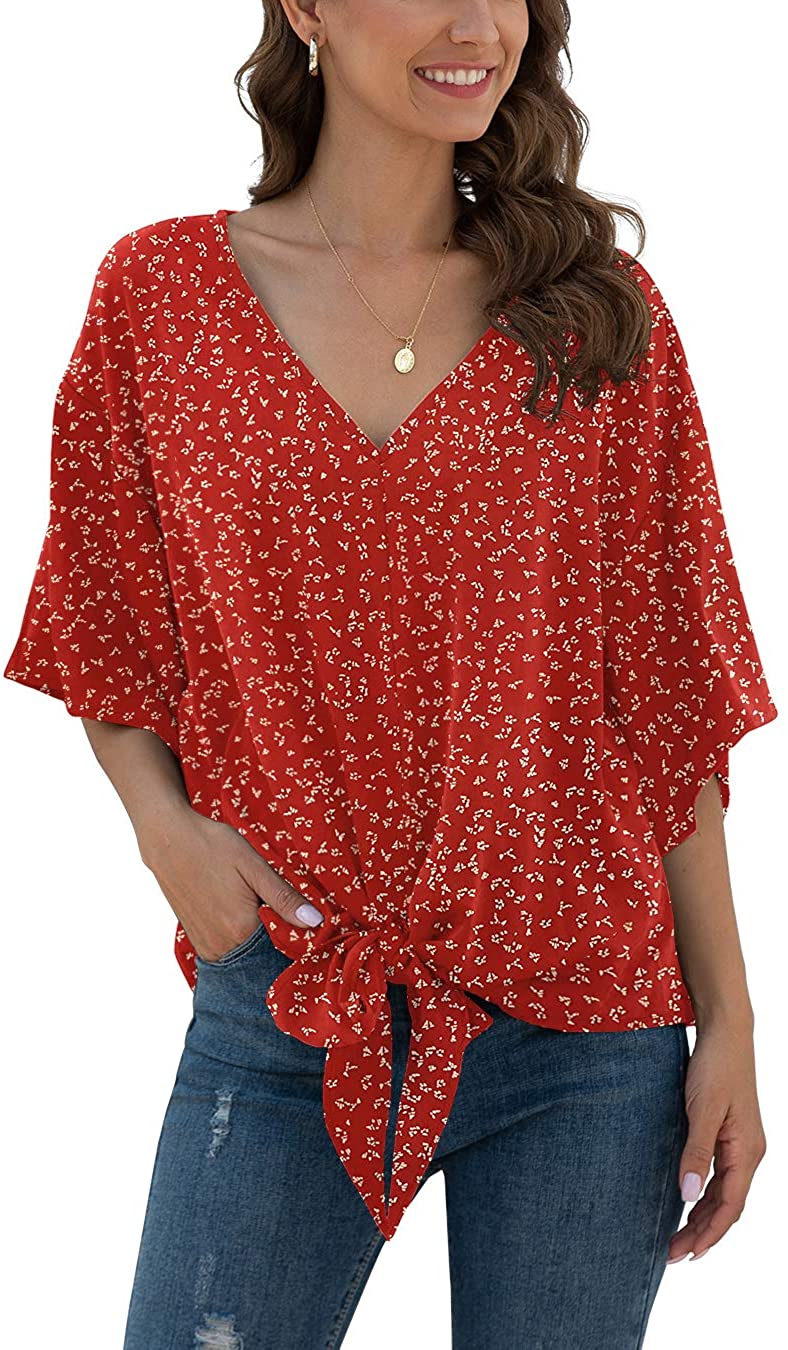 JuneFish Women's Floral Tie Front Chiffon Blouses V Neck Batwing Short Sleeve Summer Tops Shirts