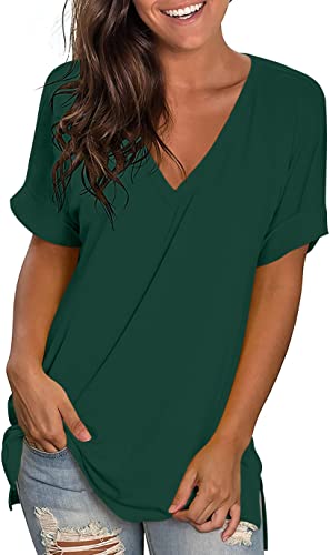 JuneFish Women's Summer Short Sleeve V-neck Tshirts Side Split Casual Black Size M to 2XL Blouse