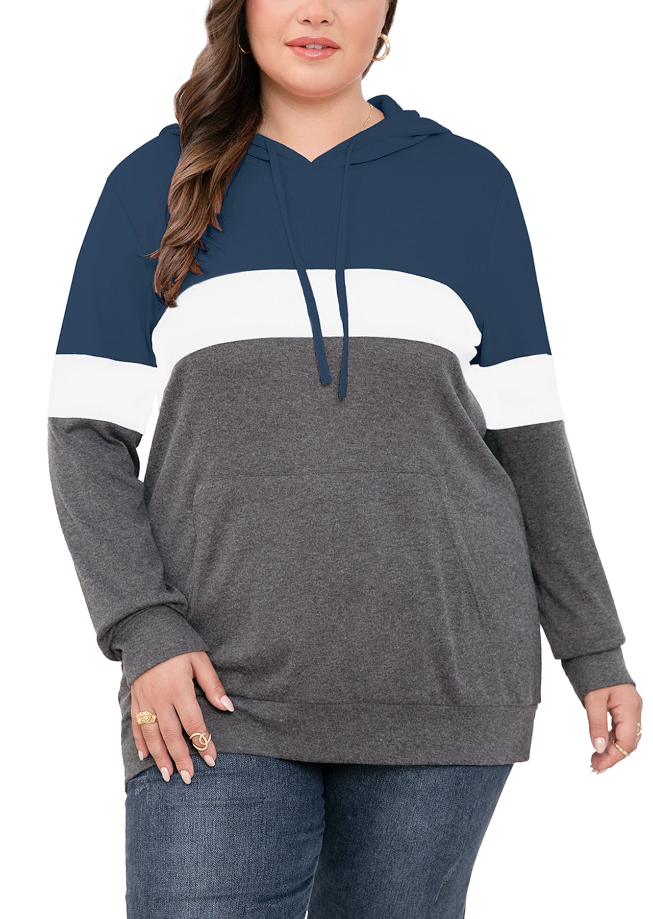 JuneFish Women's Plus Size Long Sleeve Sweatshirts Color Block Hoodies Pullover with Pocket