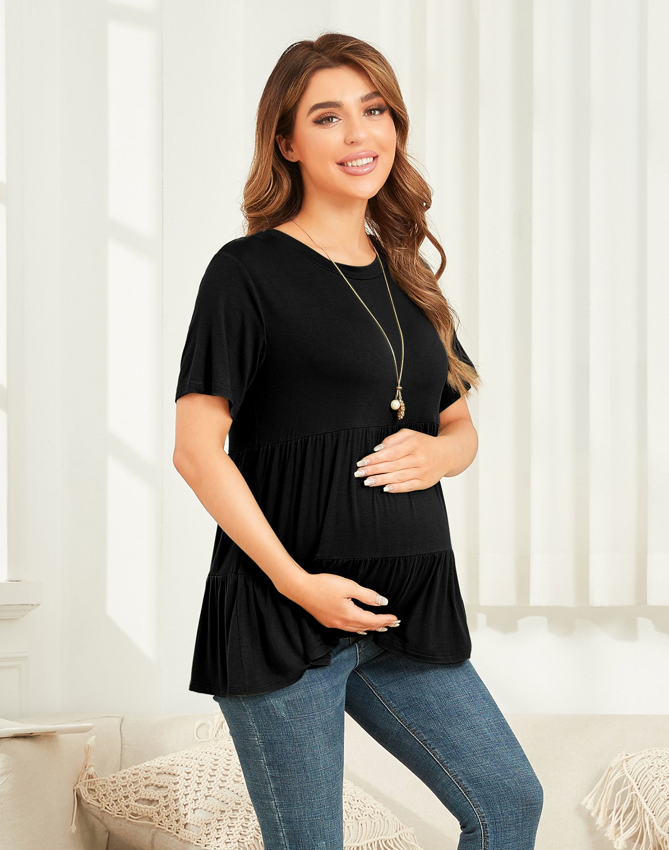 PrettyLife Womens Flattering Maternity Tops Comfy Short Sleeve Pleated Pregnancy  Shirt (01 Long Sleeve - Stripe, Small) at  Women's Clothing store