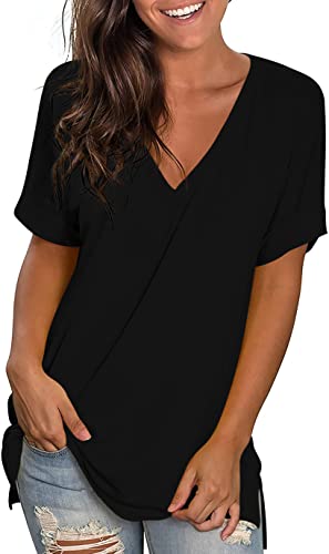 JuneFish Women's Summer Short Sleeve V-neck Tshirts Side Split Casual Black Size M to 2XL Blouse