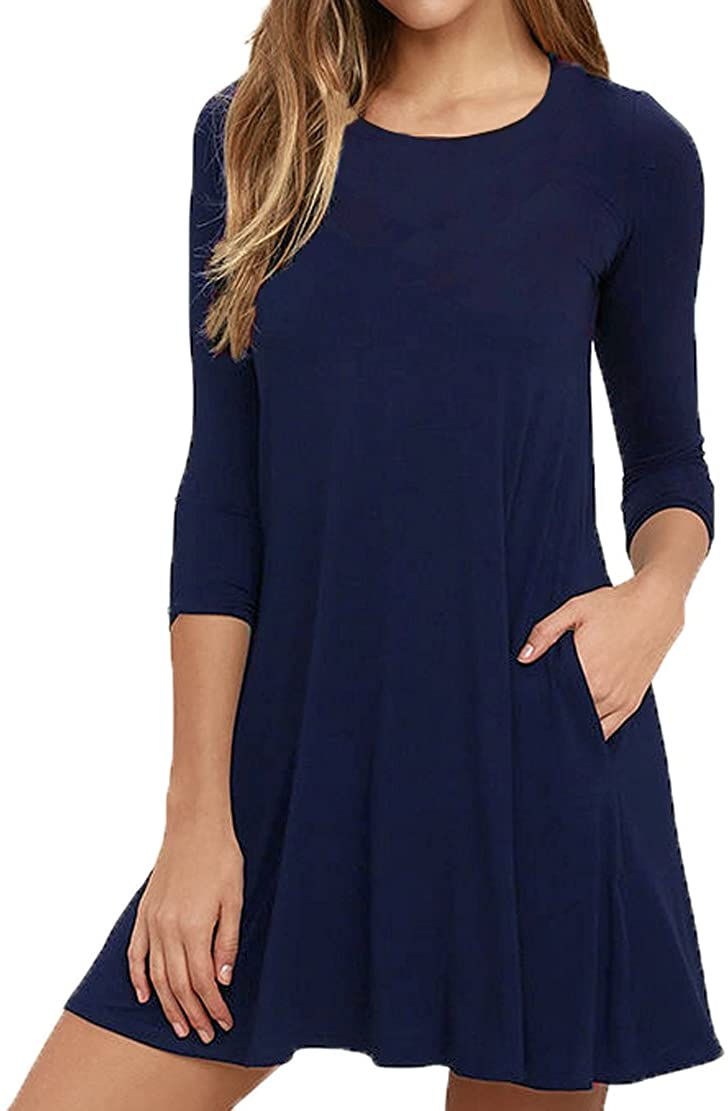 JuneFish Womens Round Neck 3/4 Sleeves A-line Casual Mini Dress with Pocket