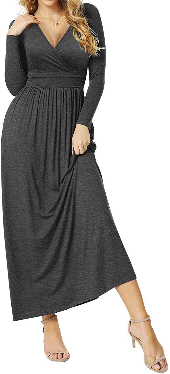 JuneFish Women Long Sleeve Deep V-Neck Casual Long Pleated Waist Maxi Dresses with Pockets