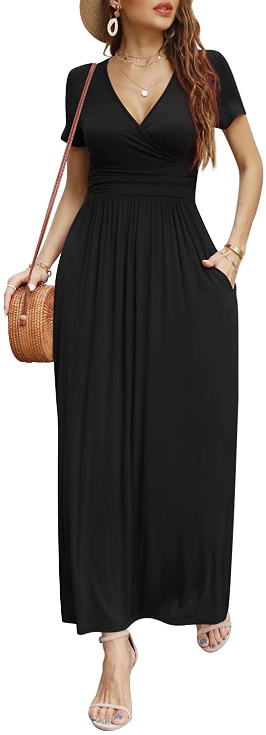 JuneFish Women Casual Short Sleeve Deep V Neck Pleated Maxi Long Dress with Pockets