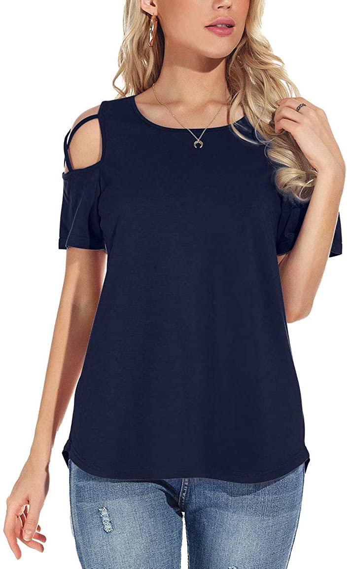 JuneFish Women's Strappy Cold Shoulder Short Sleeve Top Casual Summer T Shirt