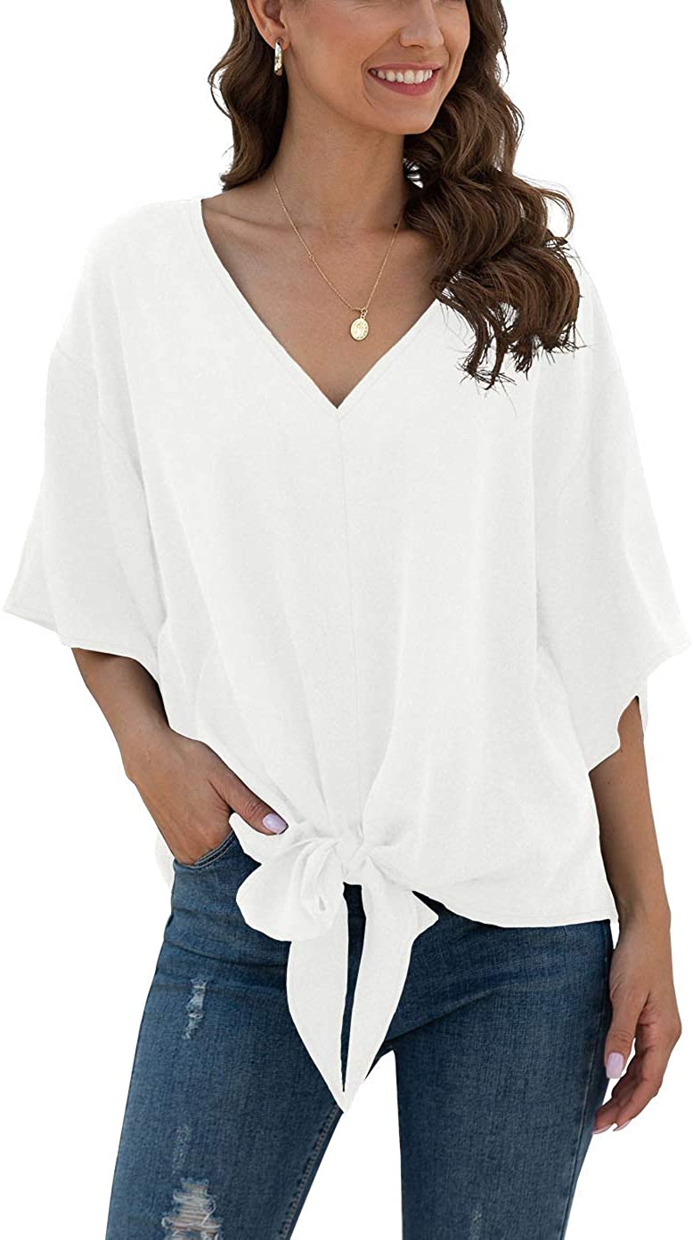 JuneFish Women's Floral Tie Front Chiffon Blouses V Neck Batwing Short Sleeve Summer Tops Shirts