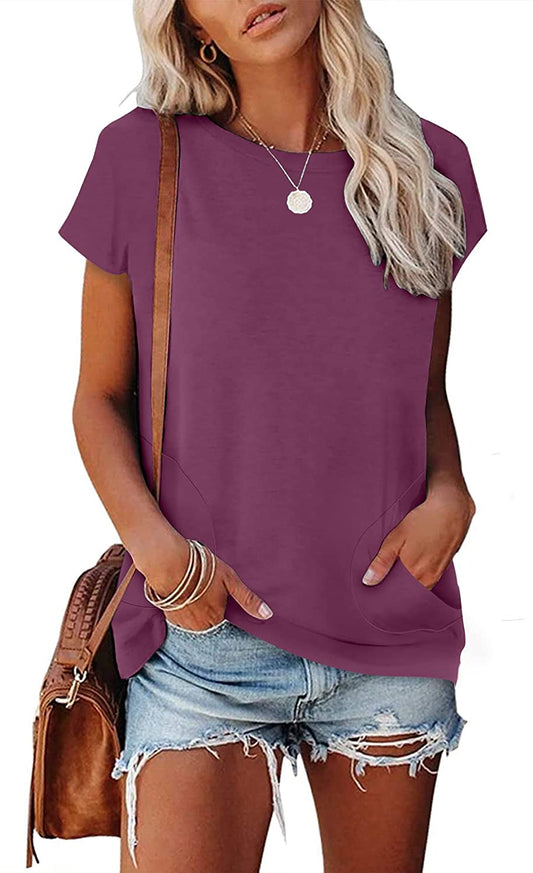 JuneFish Women's Summer Casual T-Shirts Short Sleeve Loose Tops with Pockets