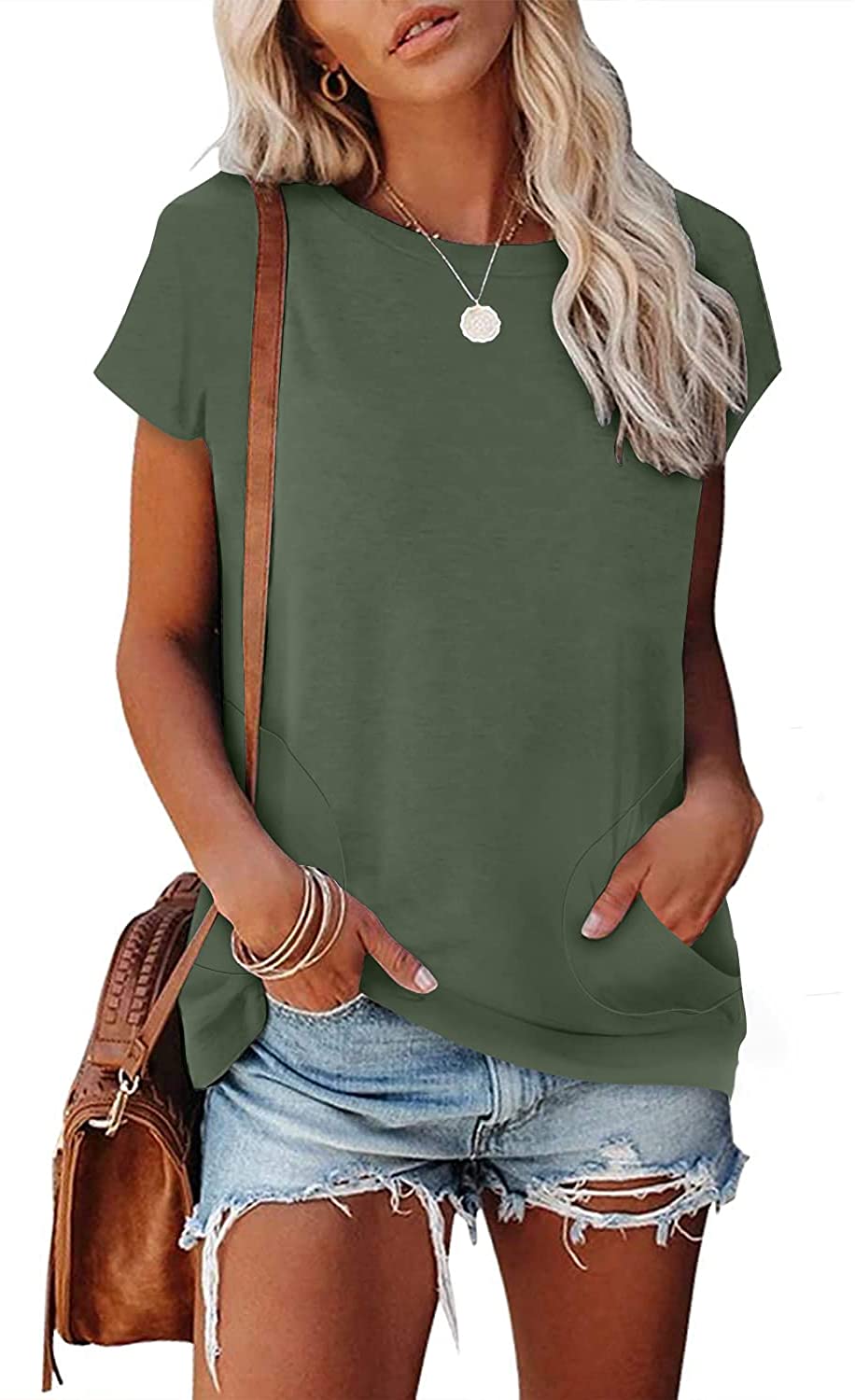 JuneFish Women's Summer Casual T-Shirts Short Sleeve Loose Tops with Pockets