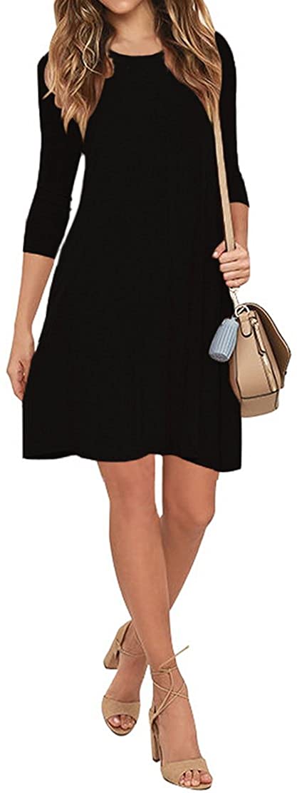 JuneFish Womens Round Neck 3/4 Sleeves A-line Casual Mini Dress with Pocket