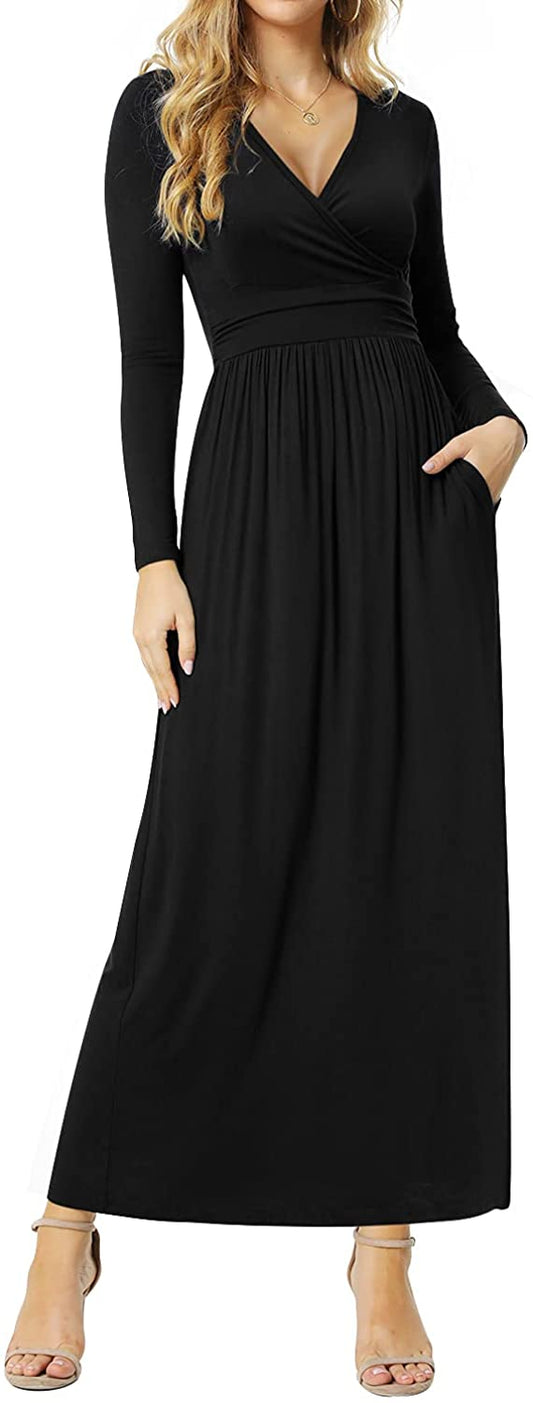 JuneFish Women Long Sleeve Deep V-Neck Casual Long Pleated Waist Maxi Dresses with Pockets