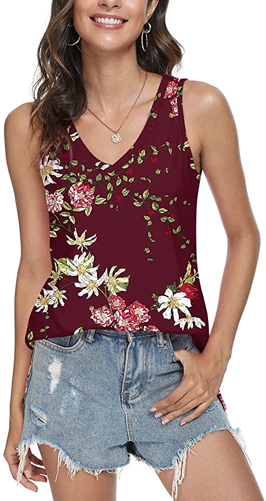 JuneFish Women's Summer Side Split Sleeveless Tanks Casual V-Neck T-Shirt