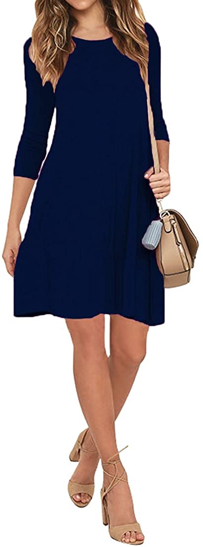 JuneFish Womens Round Neck 3/4 Sleeves A-line Casual Mini Dress with Pocket