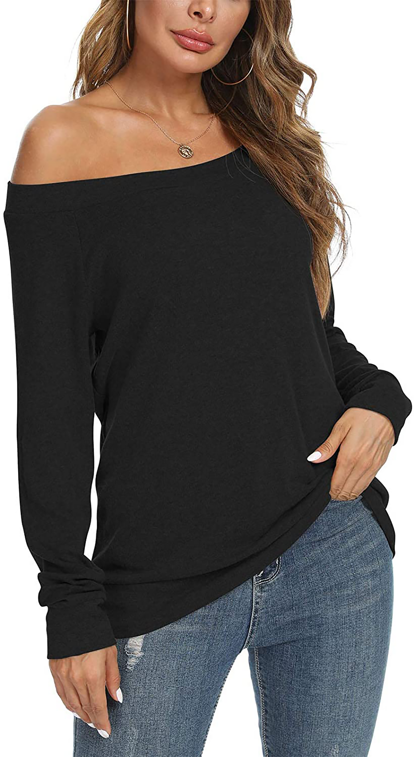 JuneFishWomen's off Shoulder T-Shirts Long Sleeve Blouses Sexy Casual Tops