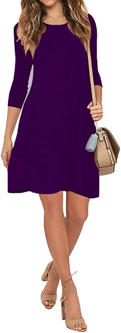 JuneFish Womens Round Neck 3/4 Sleeves A-line Casual Mini Dress with Pocket