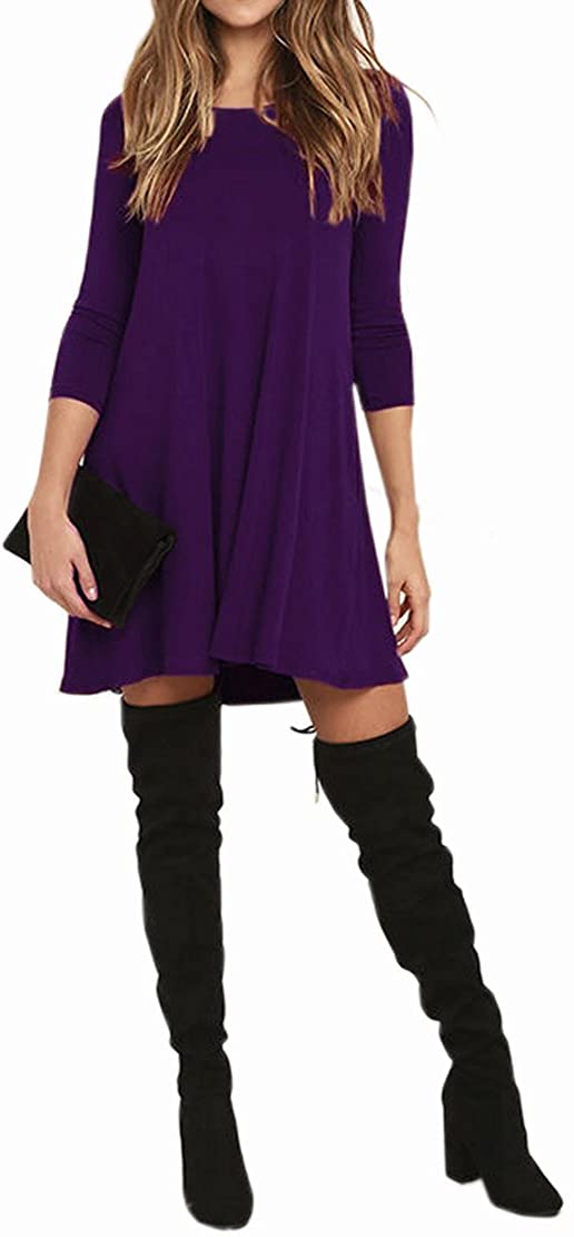 JuneFish Womens Round Neck 3/4 Sleeves A-line Casual Mini Dress with Pocket